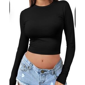 Unbranded Black Long Sleeve Crop Top Crew Neck Slim Fit Stretch Basic Tee